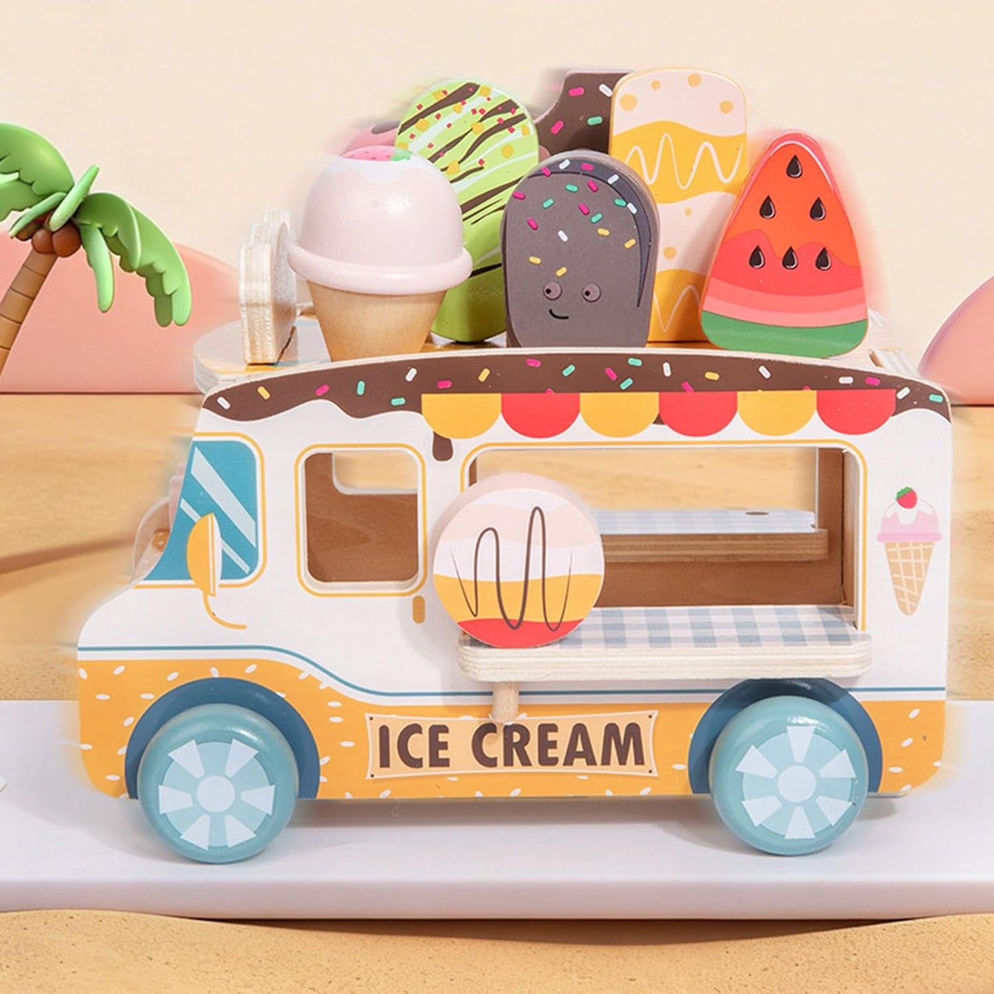 Fahrbarer Holz-Eiswagen mit Eiszubehör – Rollenspiel ab 3