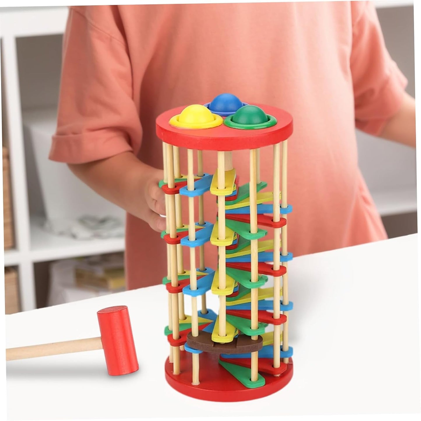 Holz-Ballfall-Turm mit Rampen & Hammer – 3 Baelle ab 1 Jahr
