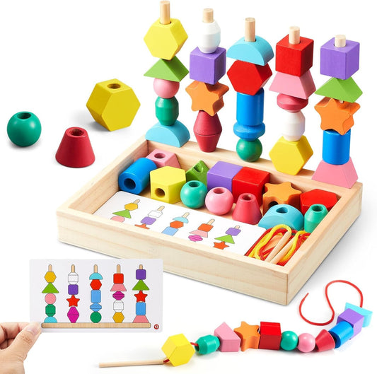 Perlenfaedelspiel Holz 25 Perlen & 8 Musterkarten ab 3 Jahre