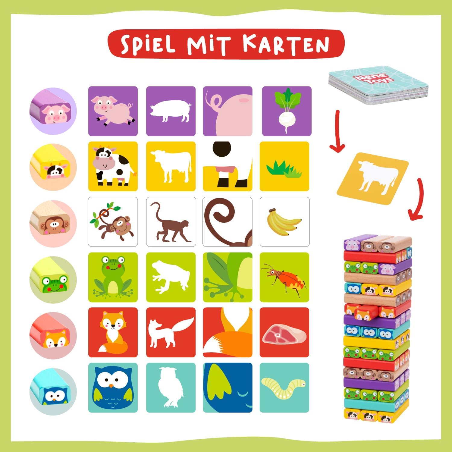 Nene Toys Pädagogisches Kinderspiel ab 3 Jahre - Wackelturm 4 in 1 aus Holz mit Farben und Tieren - Spielzeug für Mädchen und Jungs von 3 bis 9 Jahren - Stapelturm Holz Brettspiel