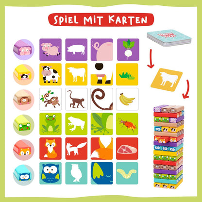 Nene Toys Pädagogisches Kinderspiel ab 3 Jahre - Wackelturm 4 in 1 aus Holz mit Farben und Tieren - Spielzeug für Mädchen und Jungs von 3 bis 9 Jahren - Stapelturm Holz Brettspiel