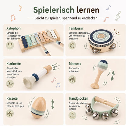 12-in-1 Holz Musikinstrumente für Kinder ab 1 Jahr, Musikspielzeug Kinder