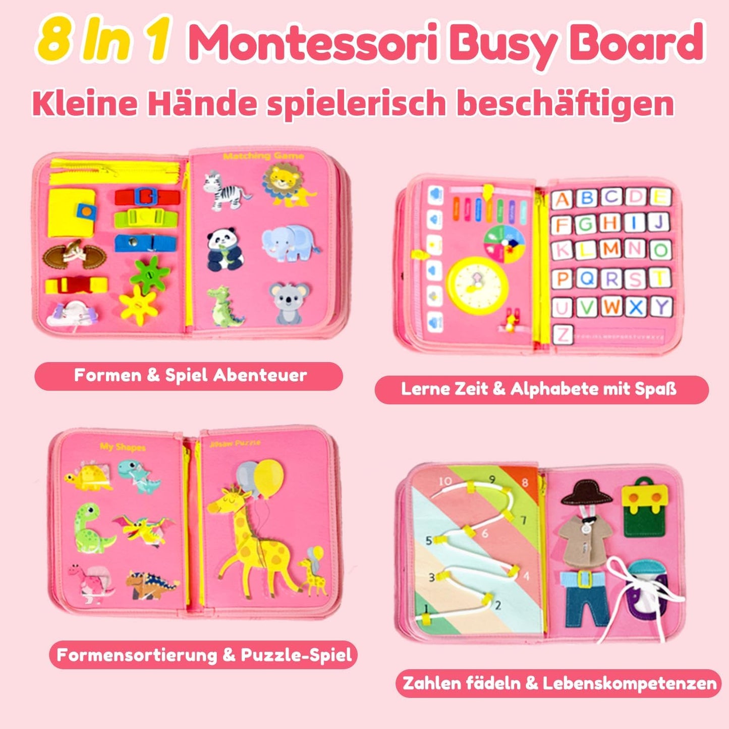 Filz Busy Board 8 Seiten – 20+ Aktivitäten, Reisespielzeug ab 3 J.