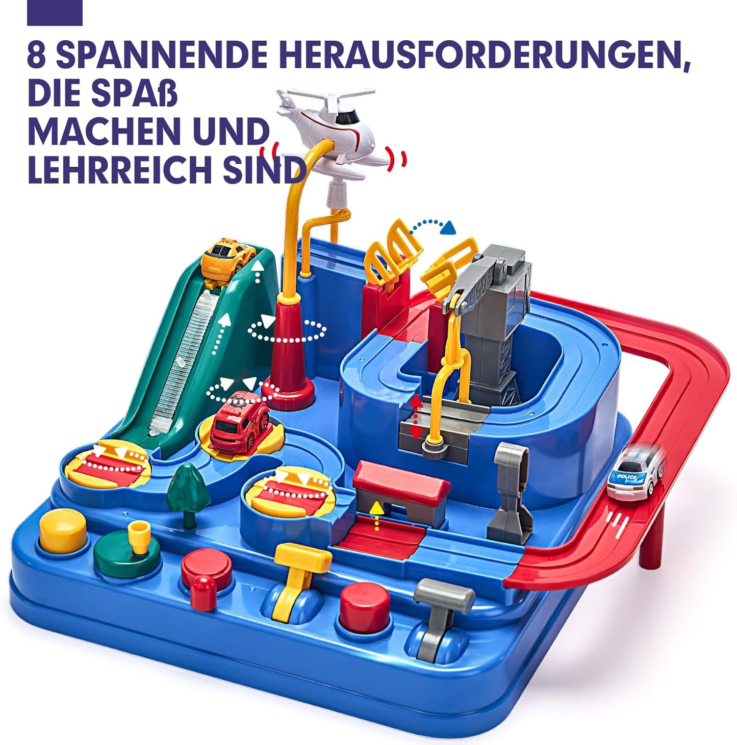 Circuit de voitures de course pour enfants sans piles – 3 véhicules, 8 défis