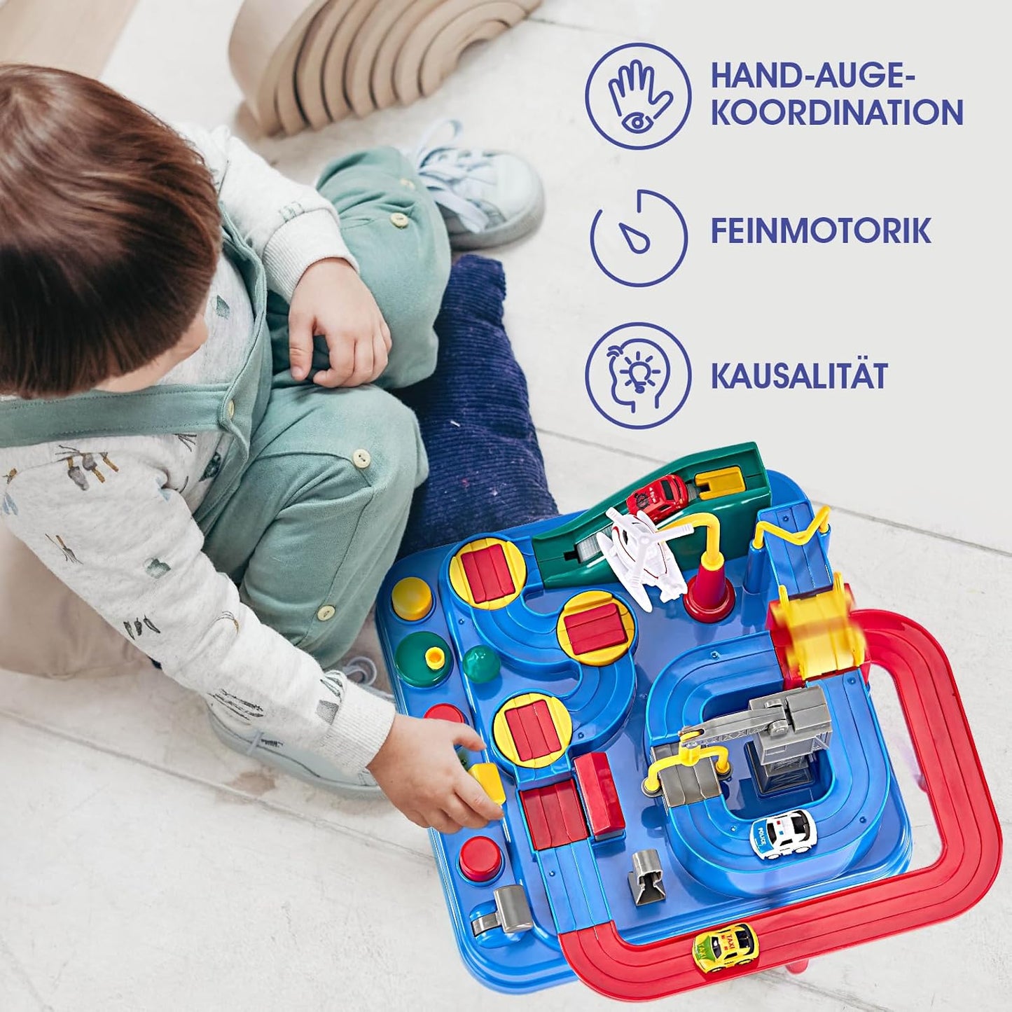 Circuit de voitures de course pour enfants sans piles – 3 véhicules, 8 défis
