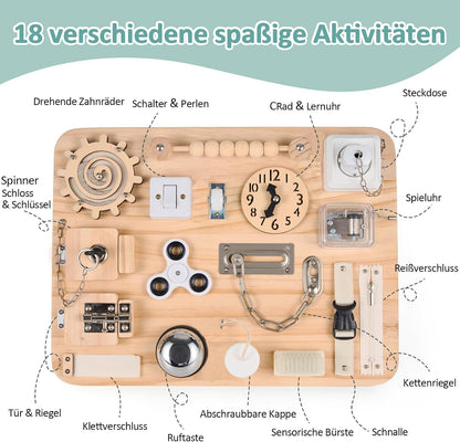Tableau d'activités Montessori en bois – Plus de 18 activités pour les tout-petits