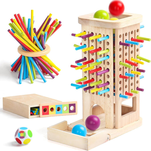 3-in-1 Holz-Stäbchenspiel – Farblernturm & Balancespiel ab 3 J.