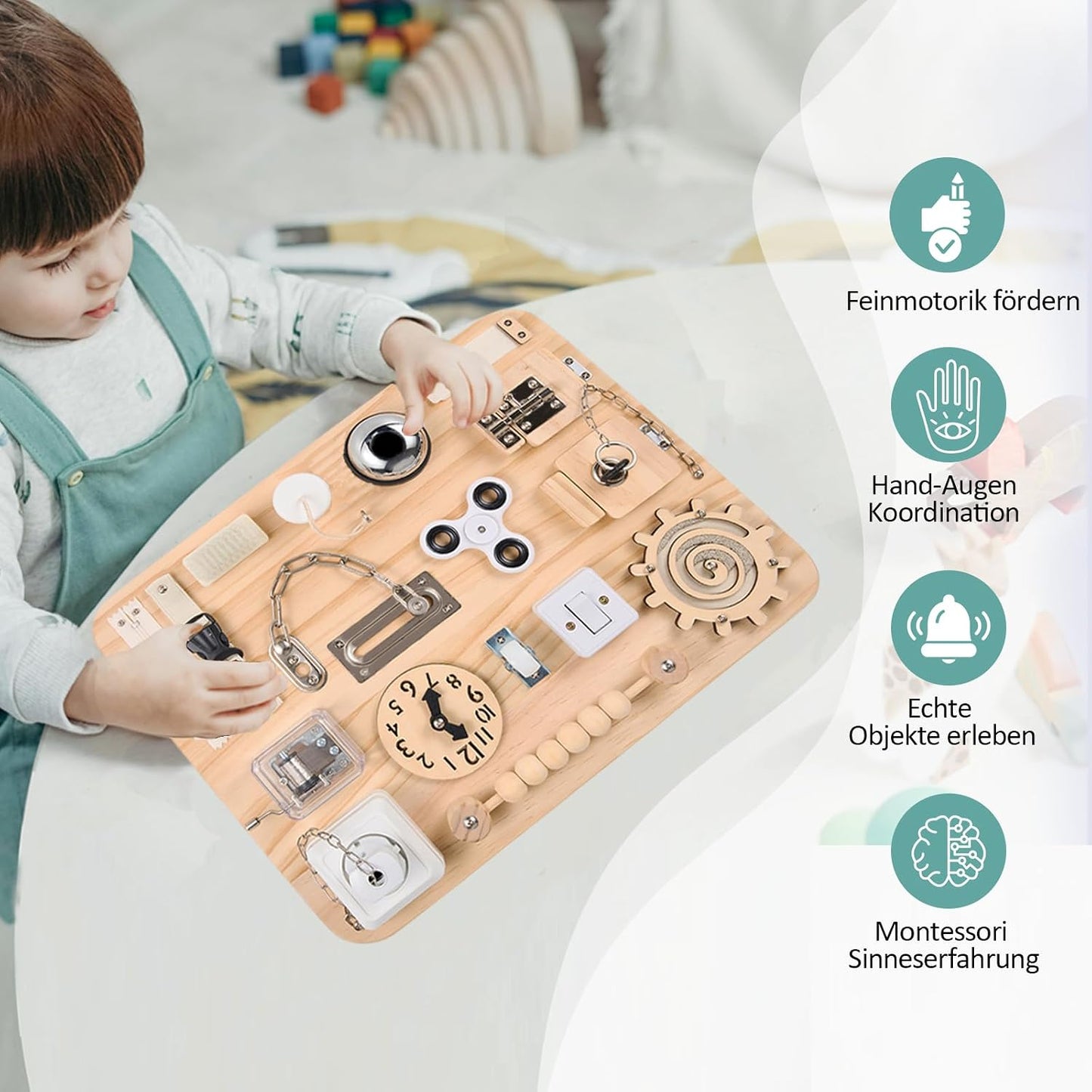 Tableau d'activités Montessori en bois – Plus de 18 activités pour les tout-petits