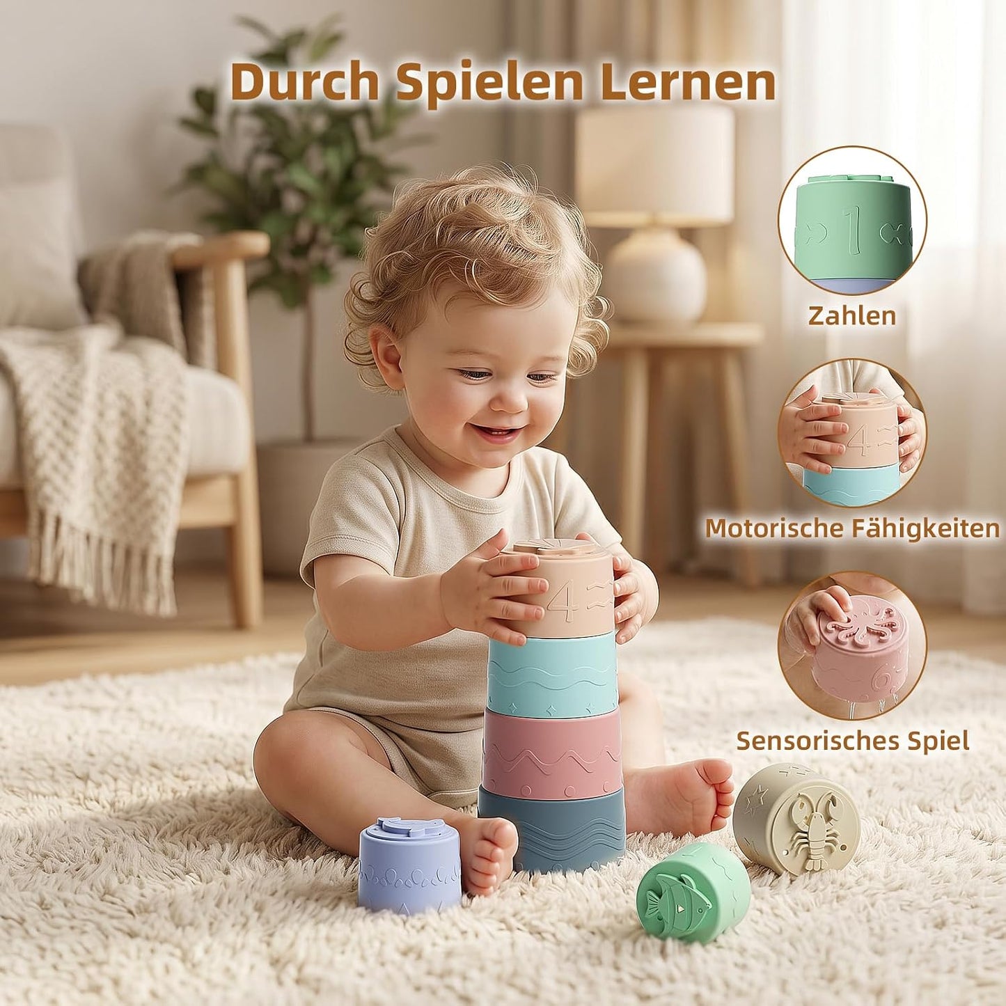 Baby Stapelbecher Spielzeug Für 3 6 12 Monate+, Silikon Stapelturm mit 7 Bechern, Mit Einzigartiger Meereslebewesen-Gravur Und Erhabenen Zahlen, Für Badespaß, Geschenke Für Jungen & Mädchen Ab 1 Jahr