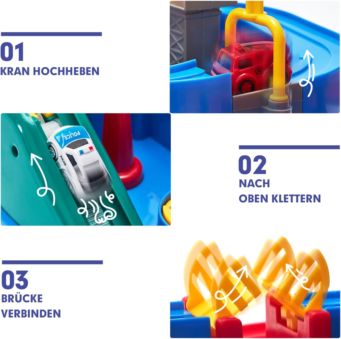 Circuit de voitures de course pour enfants sans piles – 3 véhicules, 8 défis