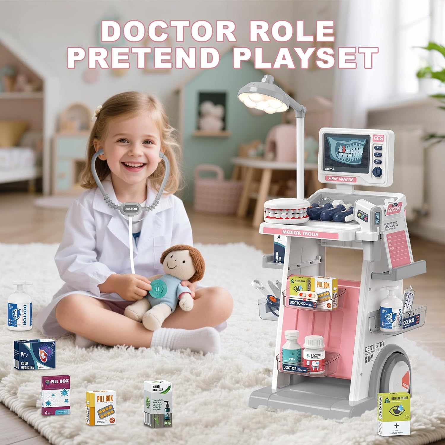 RedCrab Arztkoffer Spielzeug Kinder, 30Pcs Doktorspiele Zubehör Medizinischer Wagen Spielset mit Stethoskop, Thermometer und Spritze, Geschenk für Kinder Rollenspiel Spielzeug ab 3 Jahren