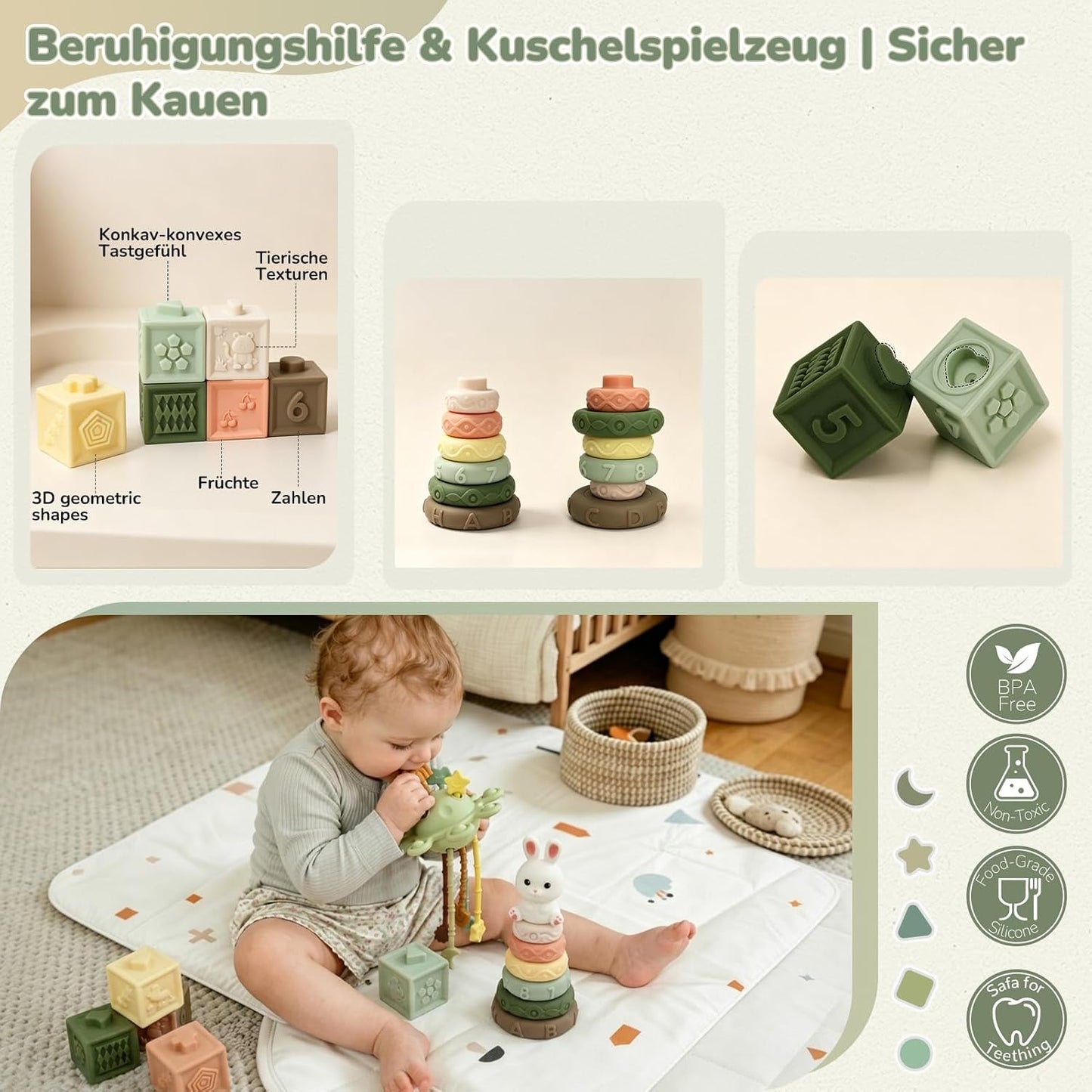 Jouet Montessori 5-en-1 pour bébé dès 6 mois – Boîte à formes, anneaux à empiler et ensemble sensoriel