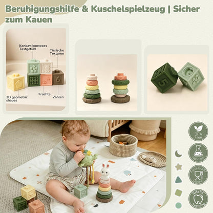 Jouet Montessori 5-en-1 pour bébé dès 6 mois – Boîte à formes, anneaux à empiler et ensemble sensoriel
