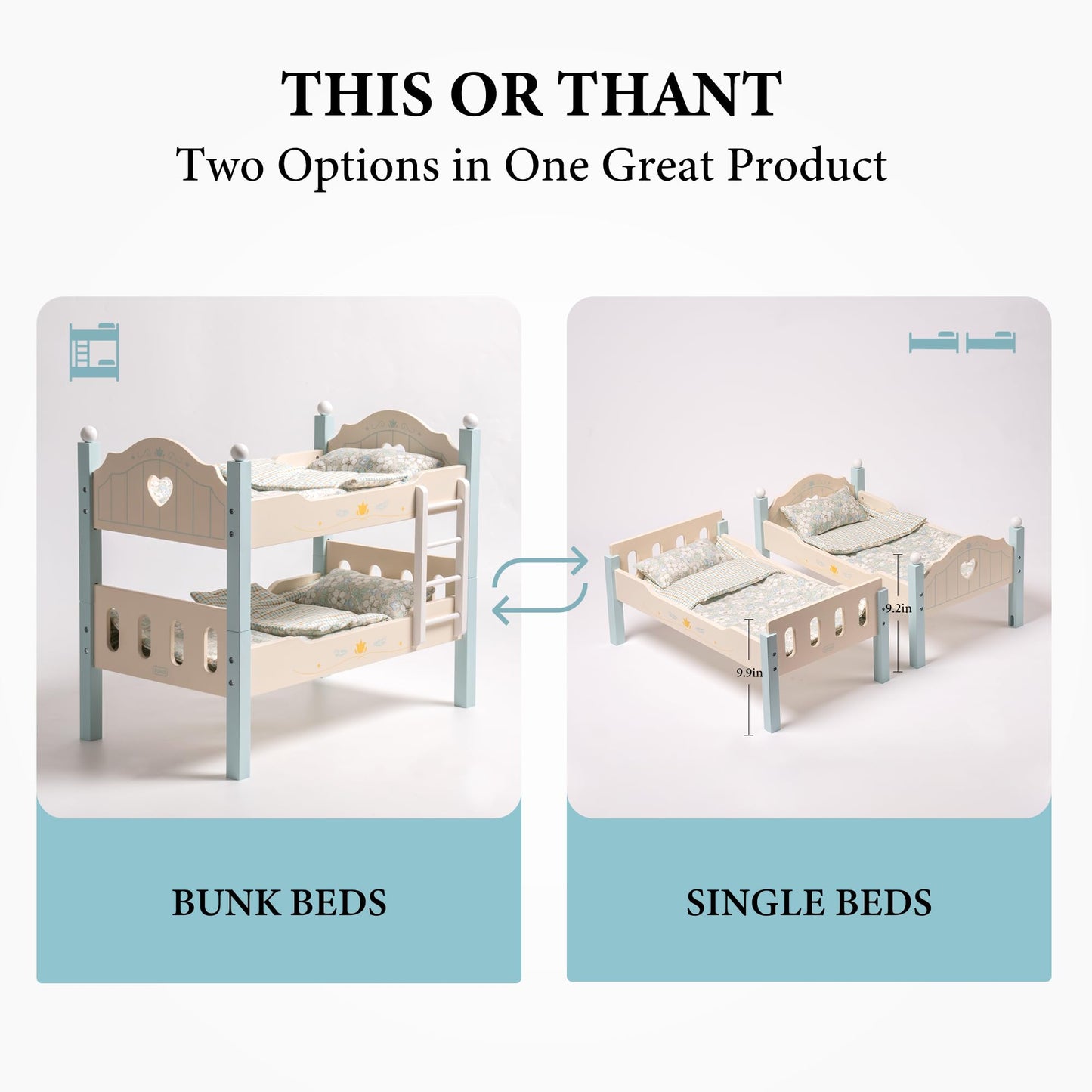 Holz Puppenbett 2-in-1 Etagenbett für 43 cm Puppen mit Zubehör