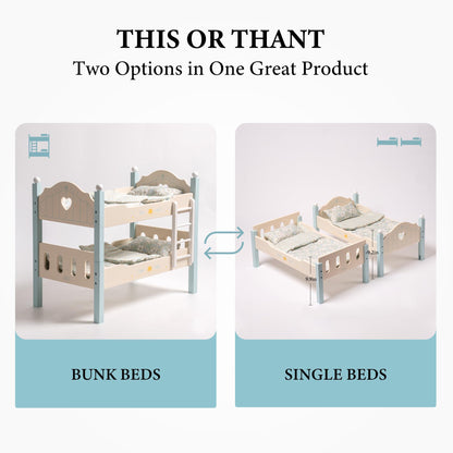 Holz Puppenbett 2-in-1 Etagenbett für 43 cm Puppen mit Zubehör