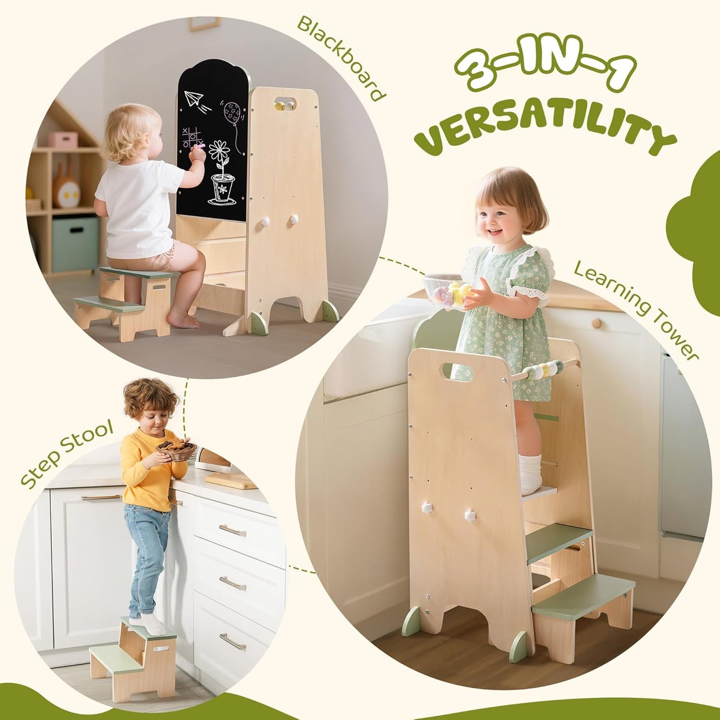 2-in-1 Lernturm aus Holz mit Kreidetafel & Tritthocker für Kinder
