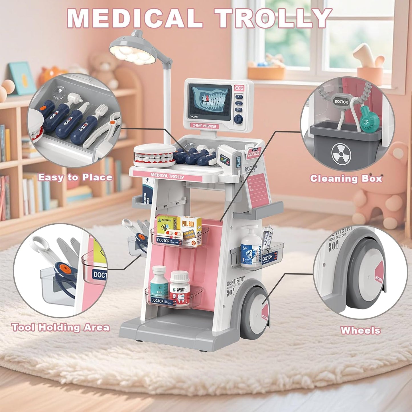 RedCrab Arztkoffer Spielzeug Kinder, 30Pcs Doktorspiele Zubehör Medizinischer Wagen Spielset mit Stethoskop, Thermometer und Spritze, Geschenk für Kinder Rollenspiel Spielzeug ab 3 Jahren