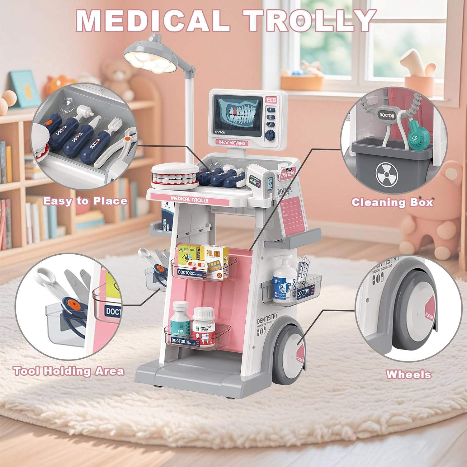 RedCrab Arztkoffer Spielzeug Kinder, 30Pcs Doktorspiele Zubehör Medizinischer Wagen Spielset mit Stethoskop, Thermometer und Spritze, Geschenk für Kinder Rollenspiel Spielzeug ab 3 Jahren