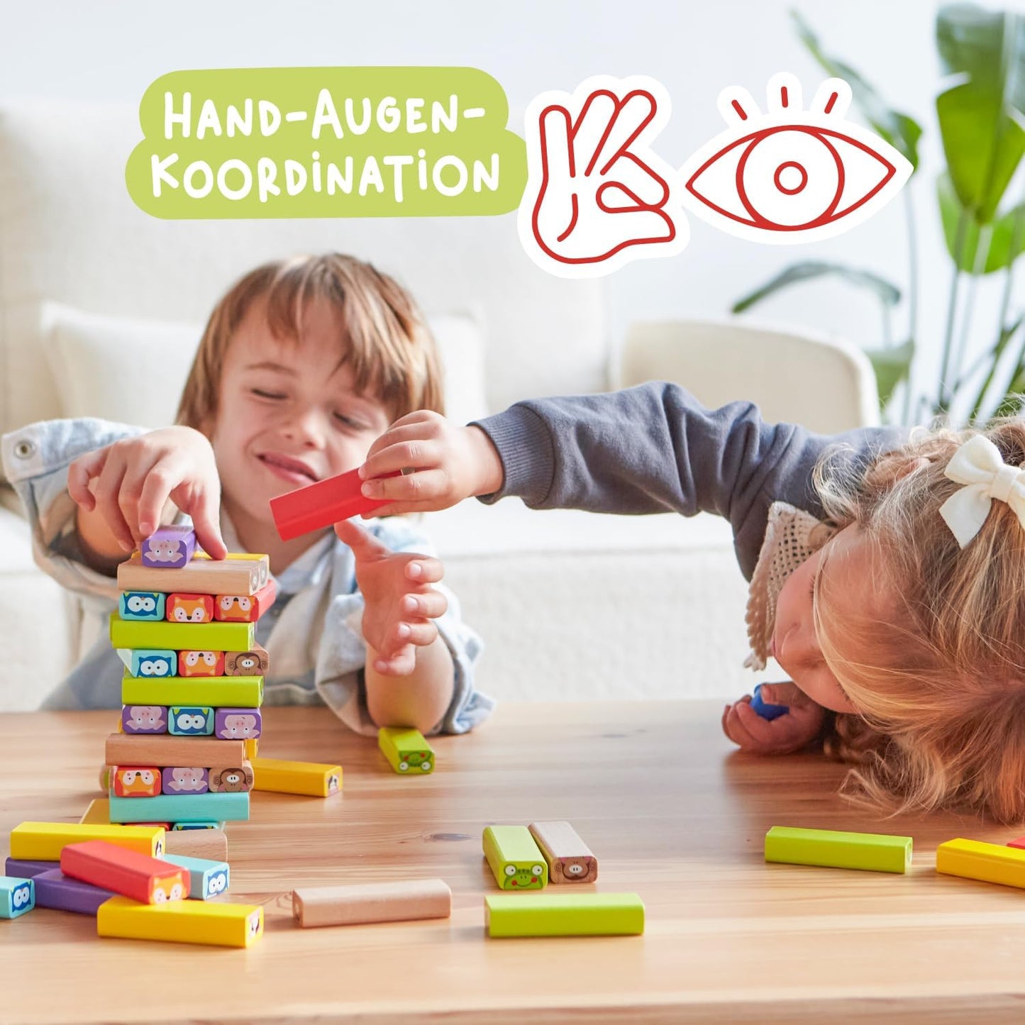 Nene Toys Pädagogisches Kinderspiel ab 3 Jahre - Wackelturm 4 in 1 aus Holz mit Farben und Tieren - Spielzeug für Mädchen und Jungs von 3 bis 9 Jahren - Stapelturm Holz Brettspiel