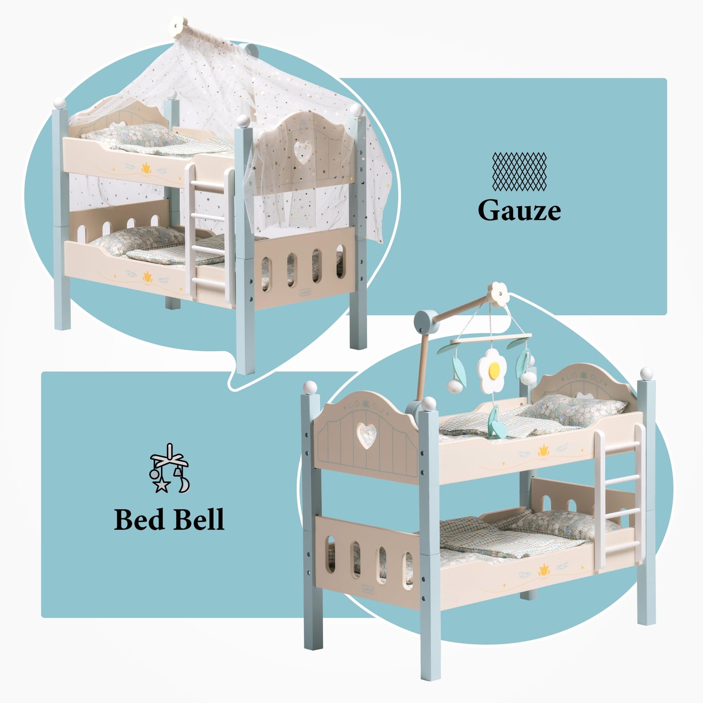 Holz Puppenbett 2-in-1 Etagenbett für 43 cm Puppen mit Zubehör
