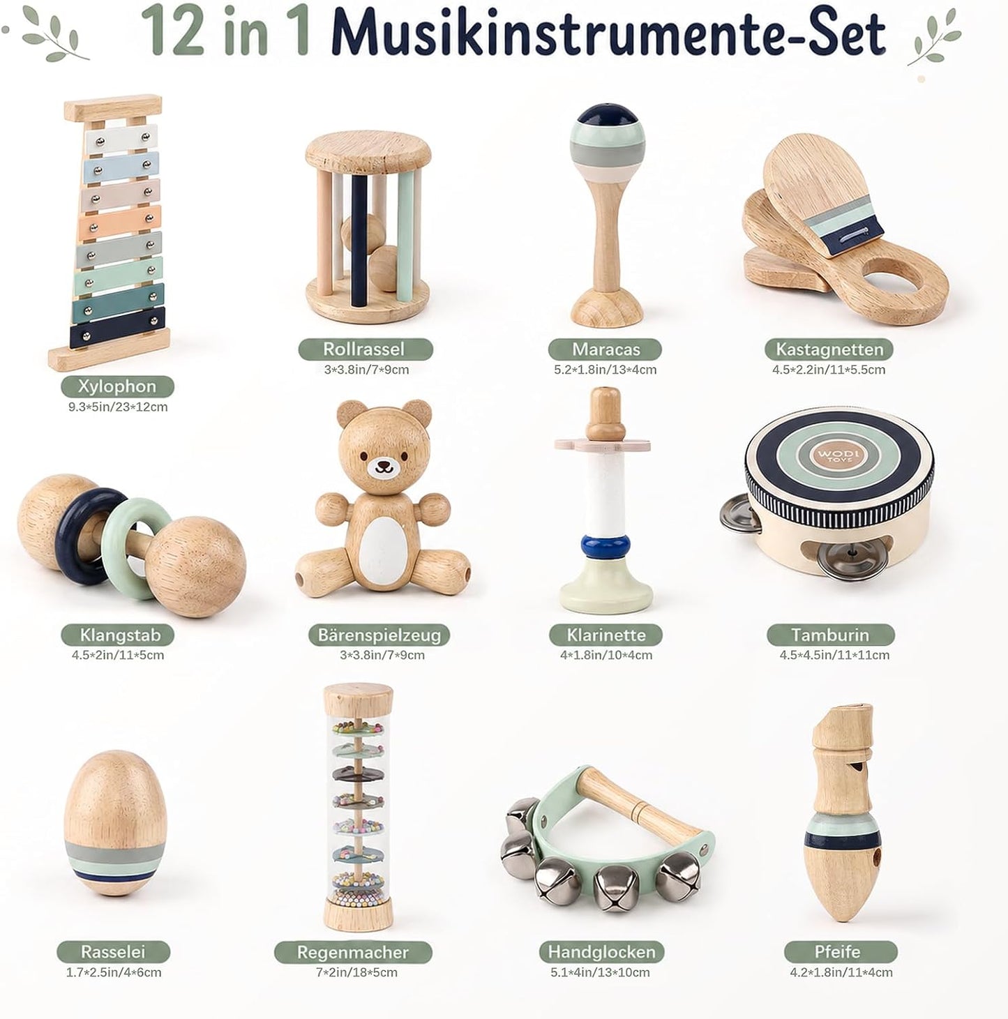 12-in-1 Holz Musikinstrumente für Kinder ab 1 Jahr, Musikspielzeug Kinder