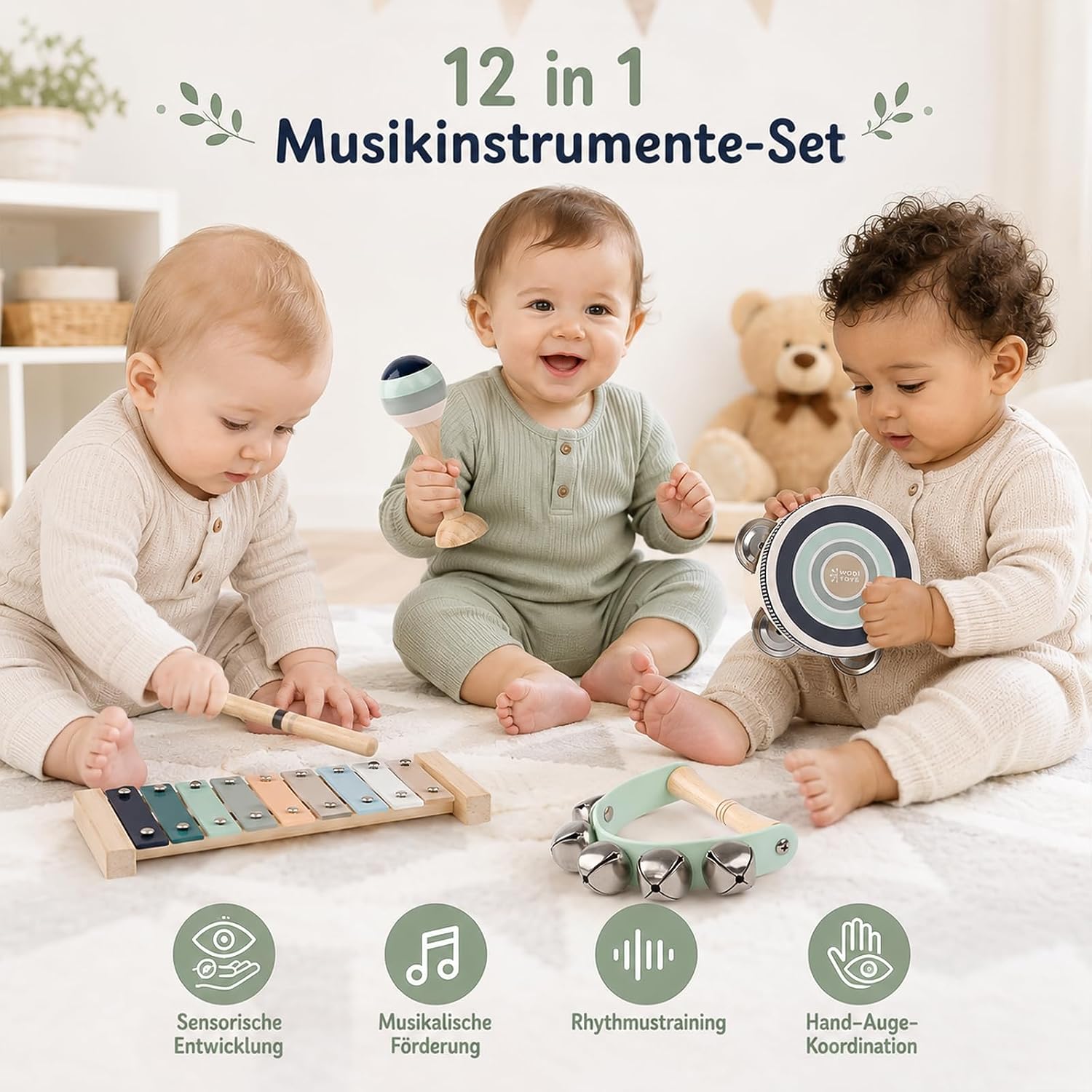 12-in-1 Holz Musikinstrumente für Kinder ab 1 Jahr, Musikspielzeug Kinder