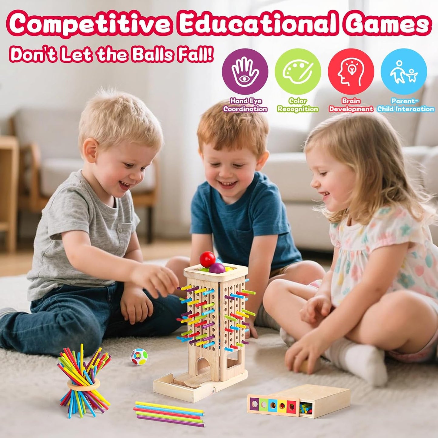 3-in-1 Holz-Stäbchenspiel – Farblernturm & Balancespiel ab 3 J.