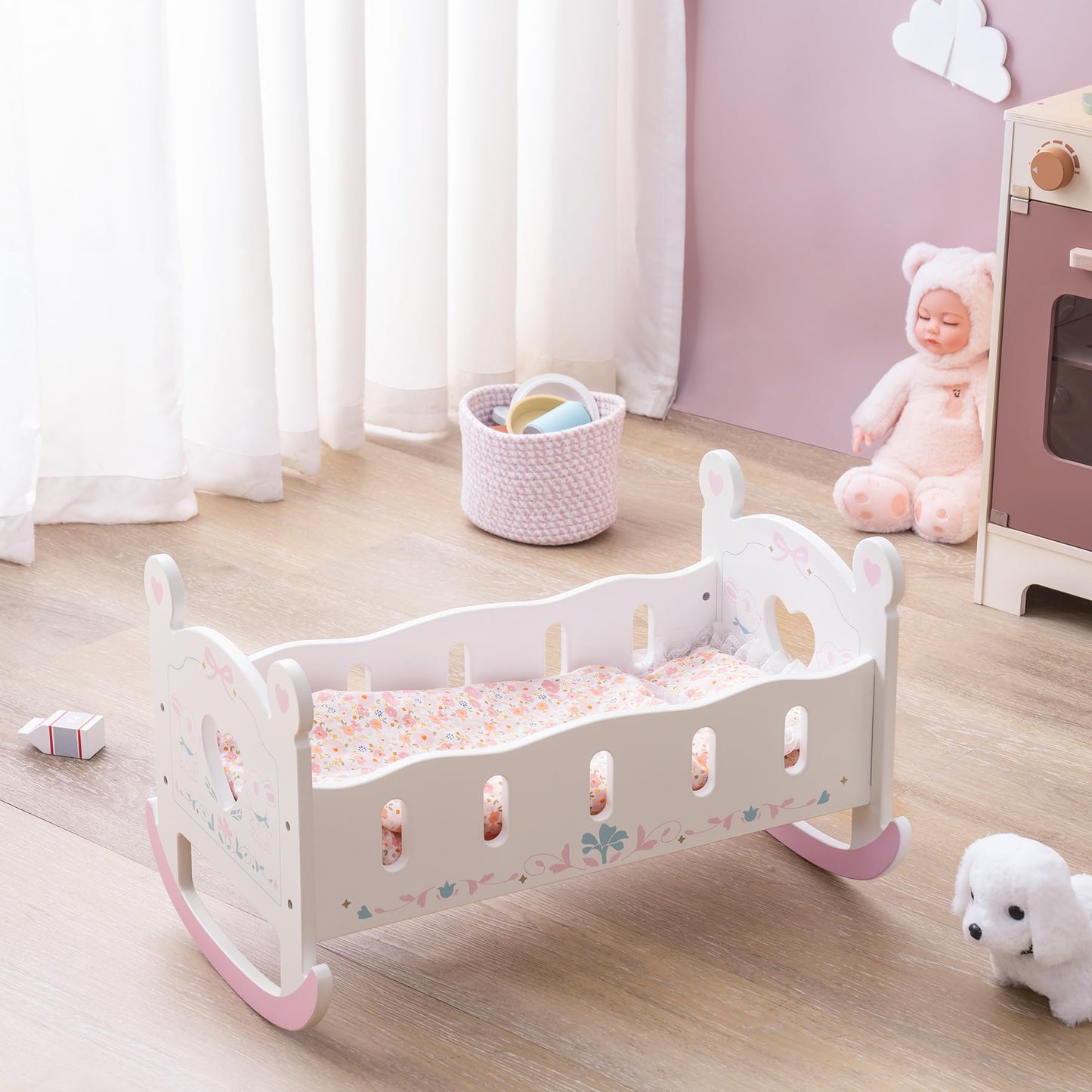 Puppenbett mit Kleiderschrank aus Holz – Spielmoebel fuer Puppen bis 55 cm