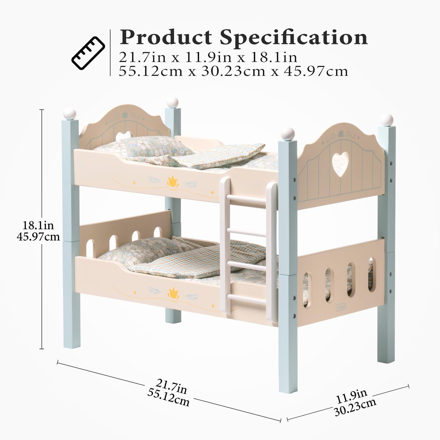 Holz Puppenbett 2-in-1 Etagenbett für 43 cm Puppen mit Zubehör