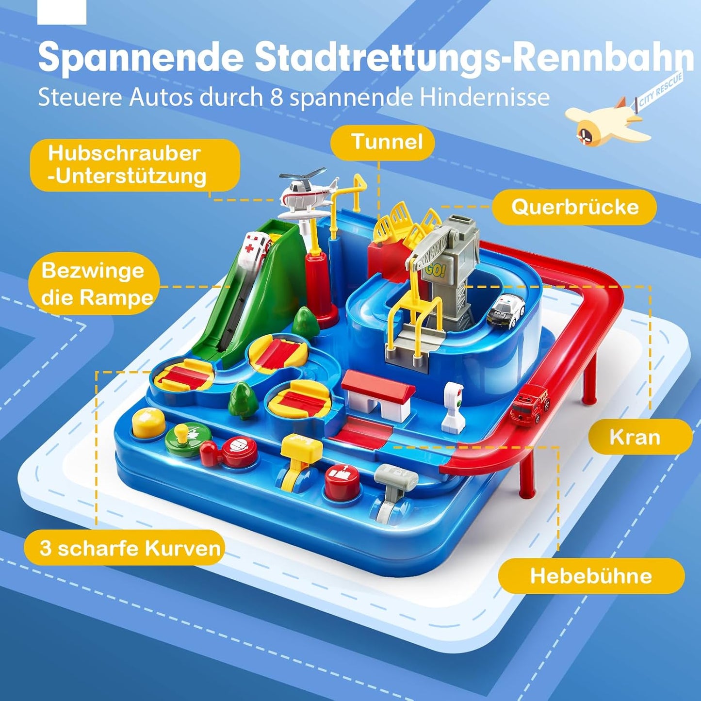 Circuit de voitures de course pour enfants sans piles – 3 véhicules, 8 défis