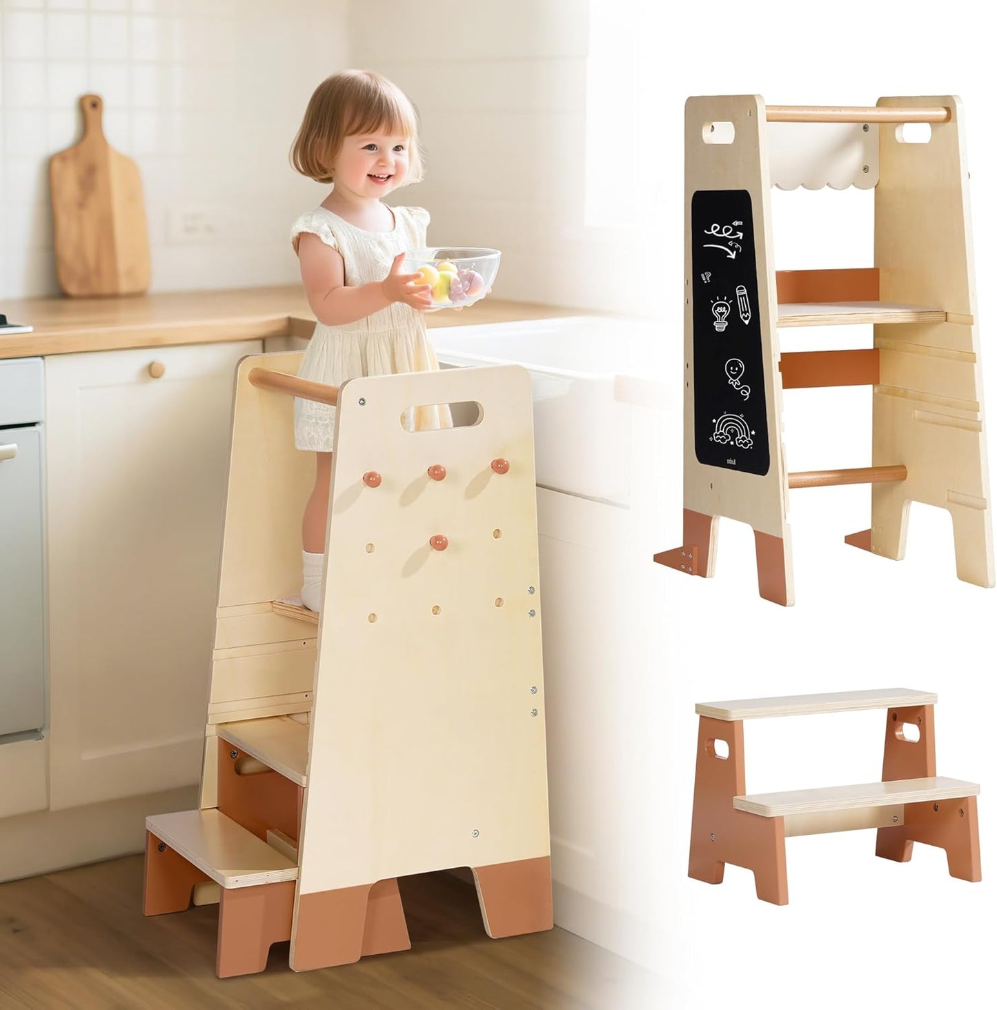 2-in-1 Lernturm aus Holz mit Tritthocker & Tafel
