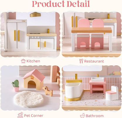 Puppenmöbel Set aus Holz, 28-teilig – Schlafzimmer, Küche, Bad & mehr