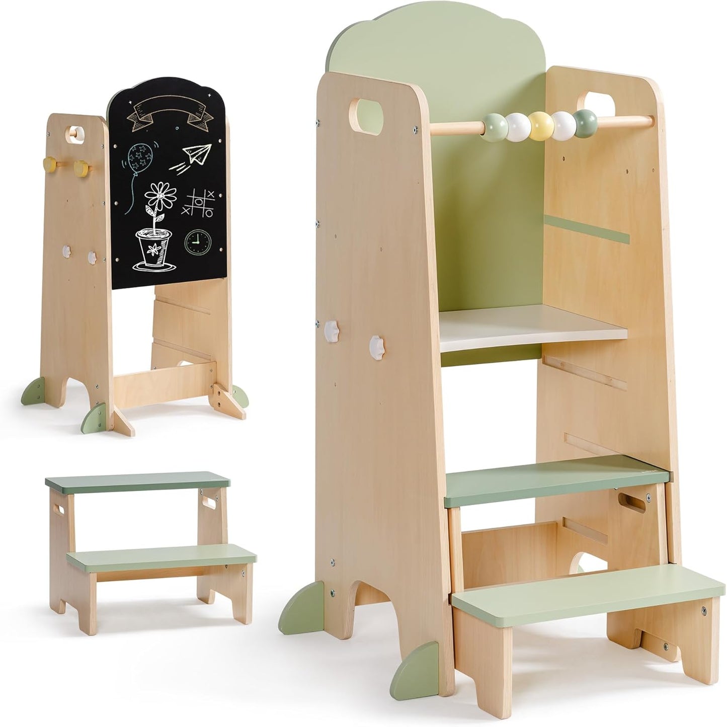 2-in-1 Lernturm aus Holz mit Kreidetafel & Tritthocker für Kinder