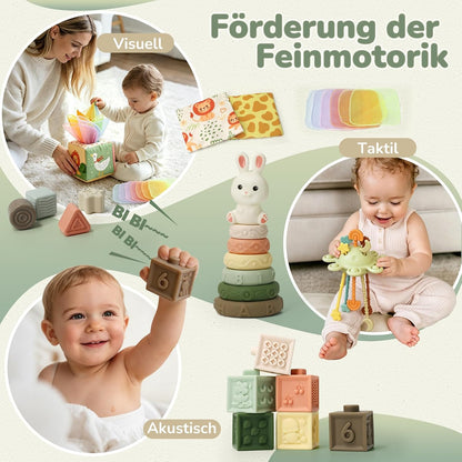 Jouet Montessori 5-en-1 pour bébé dès 6 mois – Boîte à formes, anneaux à empiler et ensemble sensoriel