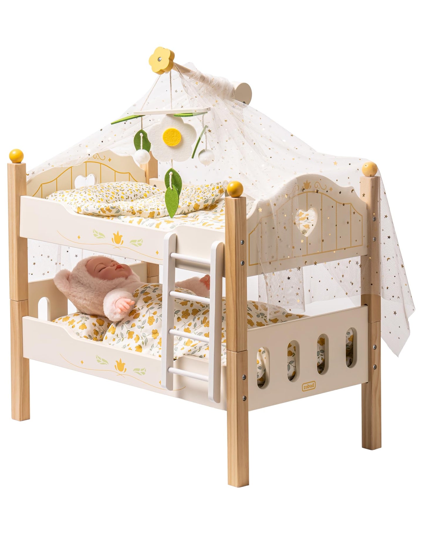 Holz Puppenbett 2-in-1 Etagenbett für 43 cm Puppen mit Zubehör