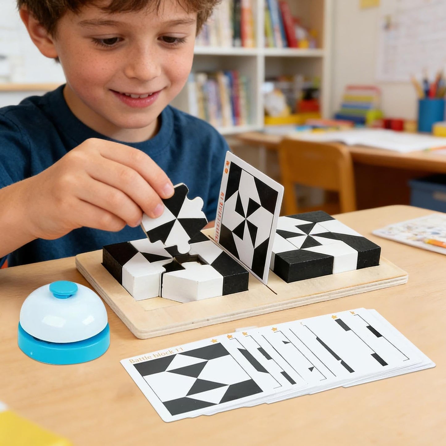 Holz-Blockpuzzle mit 40 Fragekarten – Denkspiel für Kinder & Familie