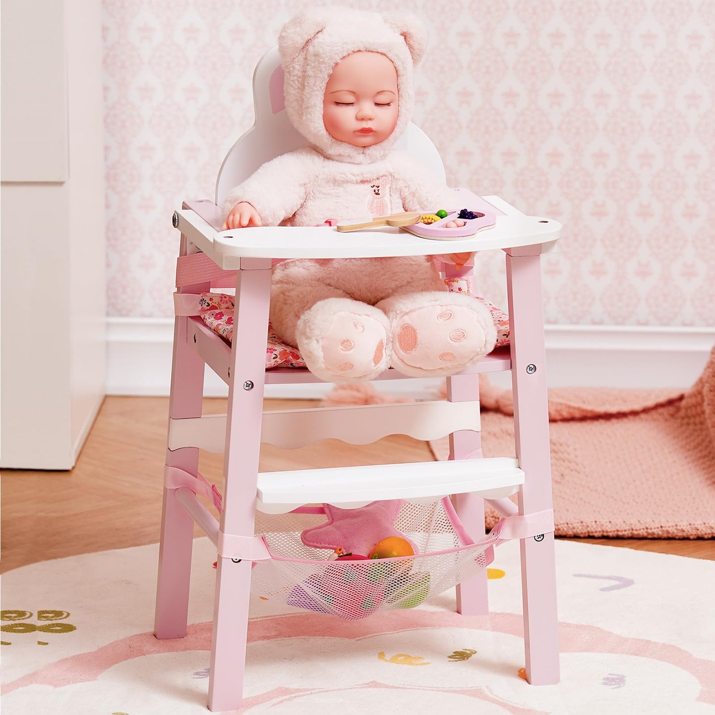 Puppenbett mit Kleiderschrank aus Holz – Spielmoebel fuer Puppen bis 55 cm