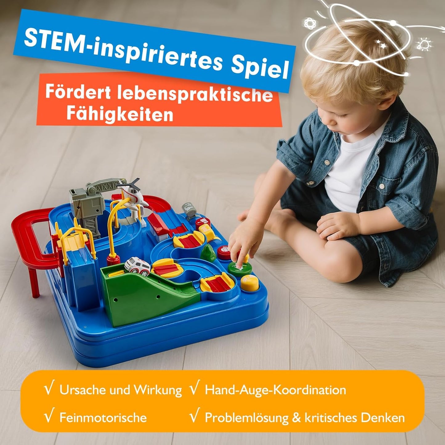 Circuit de voitures de course pour enfants sans piles – 3 véhicules, 8 défis