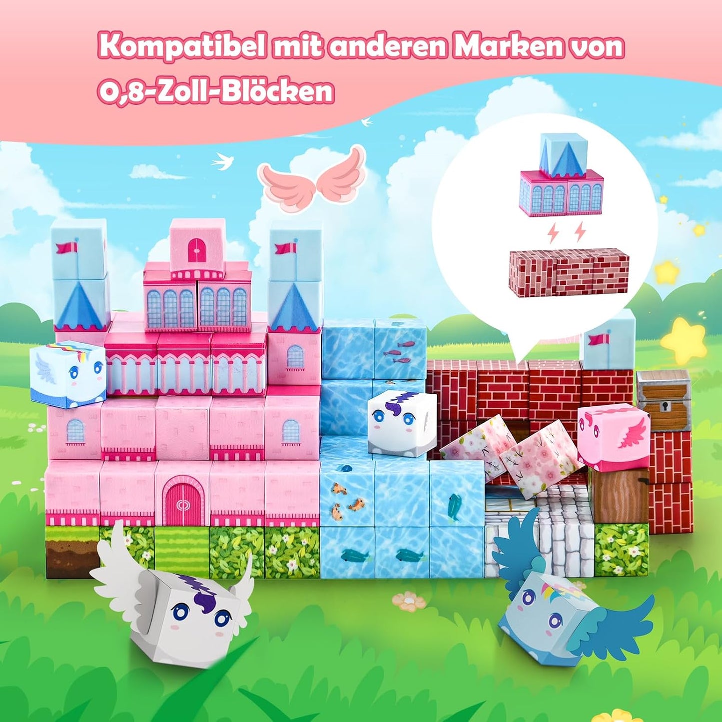 PINKCAT Magnetische Bausteine, Rosa Schloss Magnete Bausteine Spielset, Magnetischer Spielzeugbaustein für Jungen und Mädchen, Montessori Spielzeug ab 3 Jahren Geschenk für Kinder (100 Blöcke)