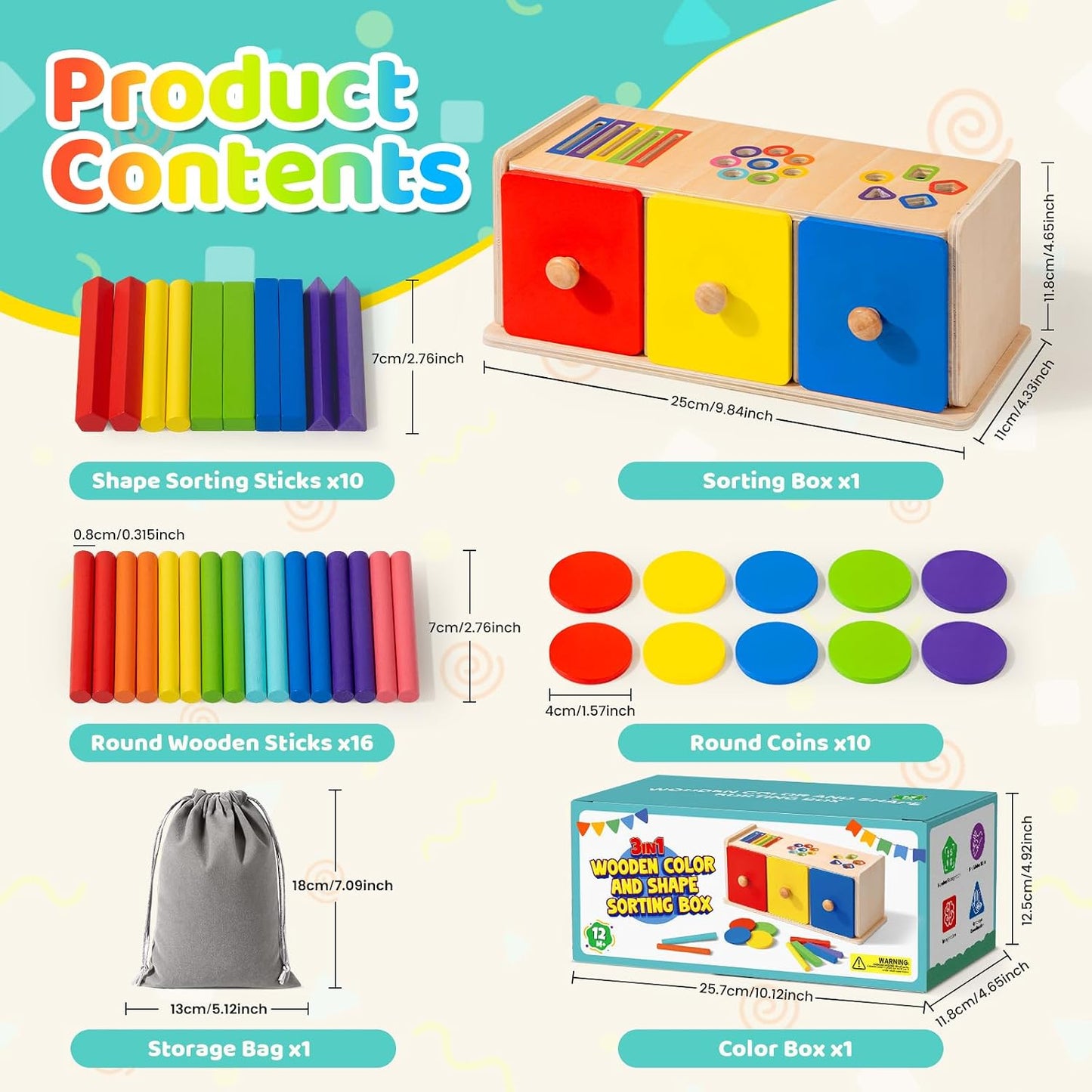 3-in-1 Holz-Sortierbox – Farben, Formen & Steckspiel ab 1 Jahr