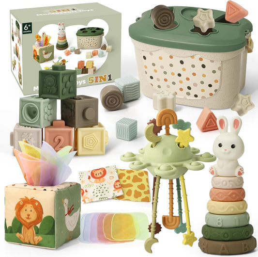 5-in-1 Montessori Babyspielzeug ab 6 Monate – Sortierbox, Stapelringe & Sensorikset