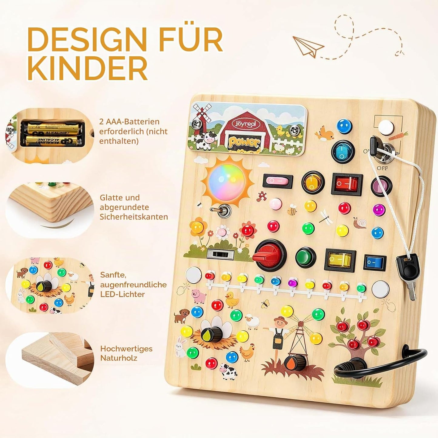Joyreal Montessori Spielzeug Busy Board ab 1 Jahr, Holz Spielzeug Mit 39 Led Lichtern & 17 Schaltern, Motorikspielzeug Sensorik Spielzeug Lernspielzeug für 1 2 3 Jahre, Geschenk Junge Mädchen