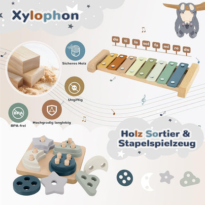 Jouet sensoriel Montessori 5-en-1 dès 6 mois – Boîte de tri, xylophone et gobelets empilables