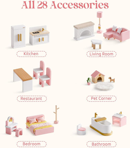 Puppenmöbel Set aus Holz, 28-teilig – Schlafzimmer, Küche, Bad & mehr