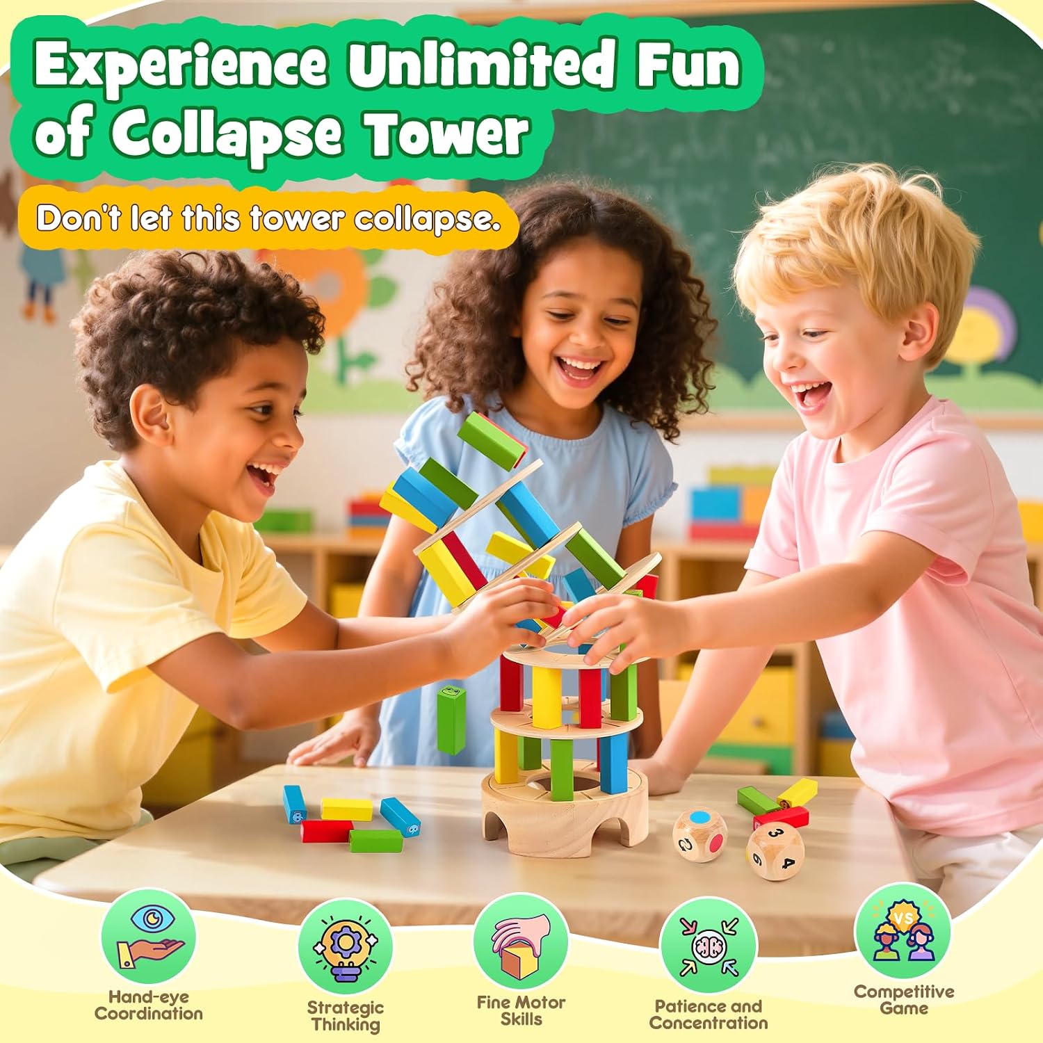 Montessori Spiele Brettspiel aus Holz, 48 Stück Bunte Blöcke Würfelspiel Kinder Lernspiele ab 3 4 5 6 Jahre Fördern Konzentration & Feinmotorik, Familienspiel Reisespiel Geschenk Junge Mädchen 3 Jahre