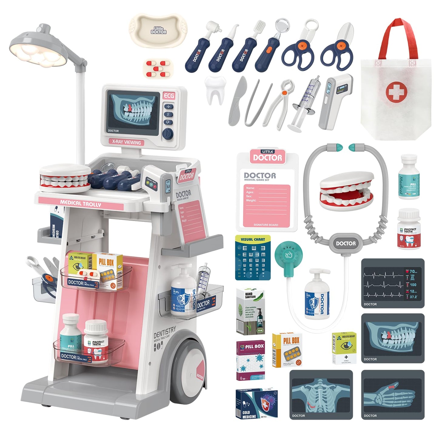 RedCrab Arztkoffer Spielzeug Kinder, 30Pcs Doktorspiele Zubehör Medizinischer Wagen Spielset mit Stethoskop, Thermometer und Spritze, Geschenk für Kinder Rollenspiel Spielzeug ab 3 Jahren