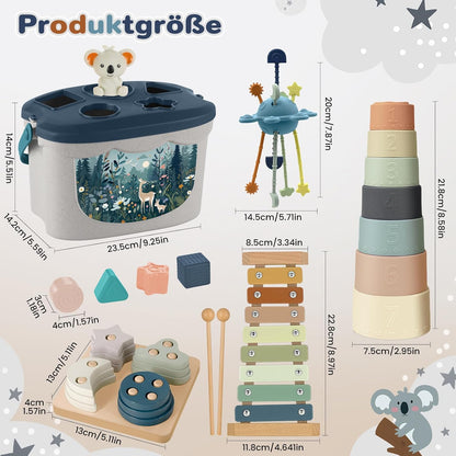 Jouet sensoriel Montessori 5-en-1 dès 6 mois – Boîte de tri, xylophone et gobelets empilables
