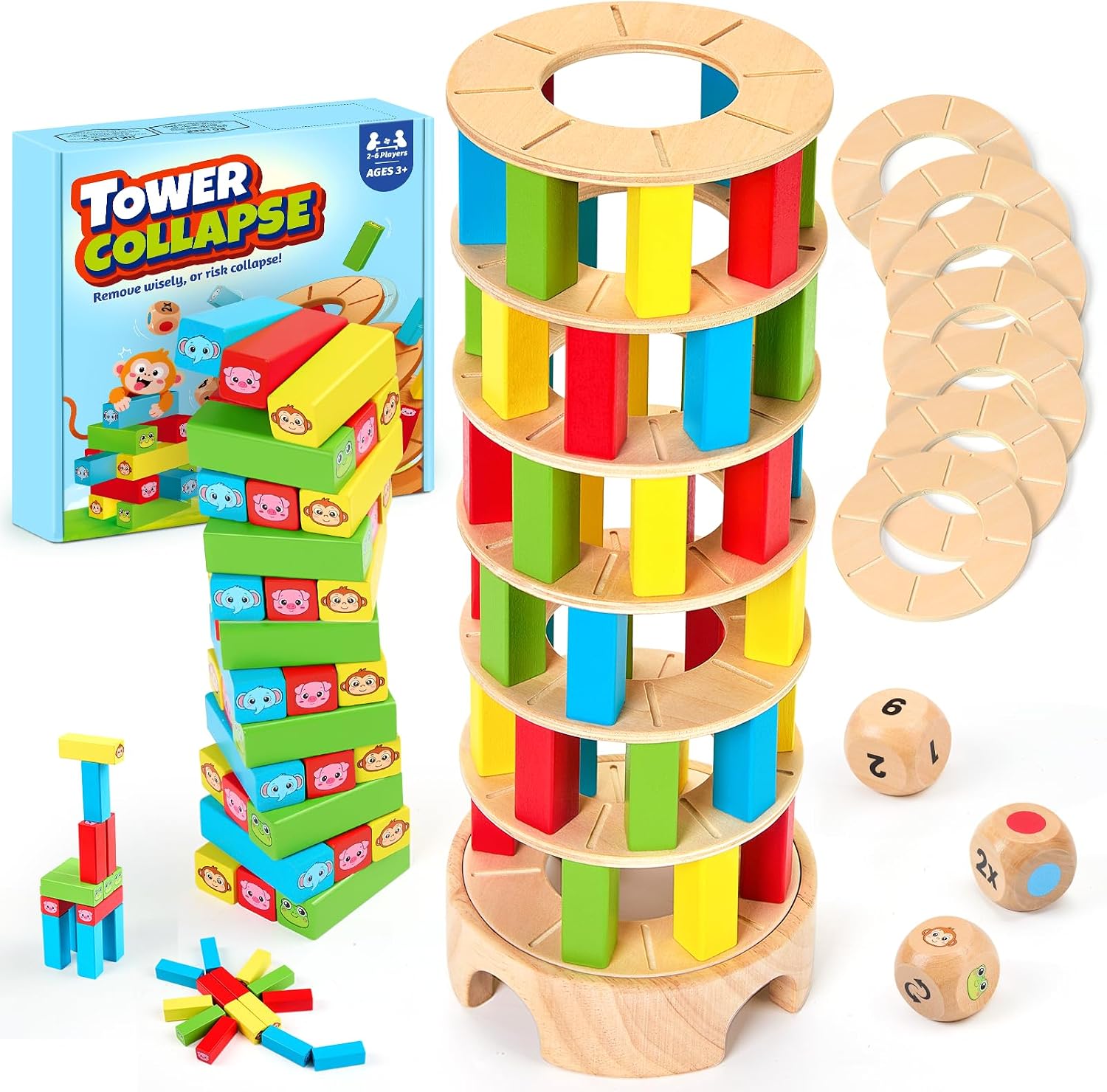 Montessori Spiele Brettspiel aus Holz, 48 Stück Bunte Blöcke Würfelspiel Kinder Lernspiele ab 3 4 5 6 Jahre Fördern Konzentration & Feinmotorik, Familienspiel Reisespiel Geschenk Junge Mädchen 3 Jahre