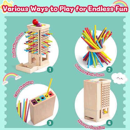 3-in-1 Holz-Stäbchenspiel – Farblernturm & Balancespiel ab 3 J.