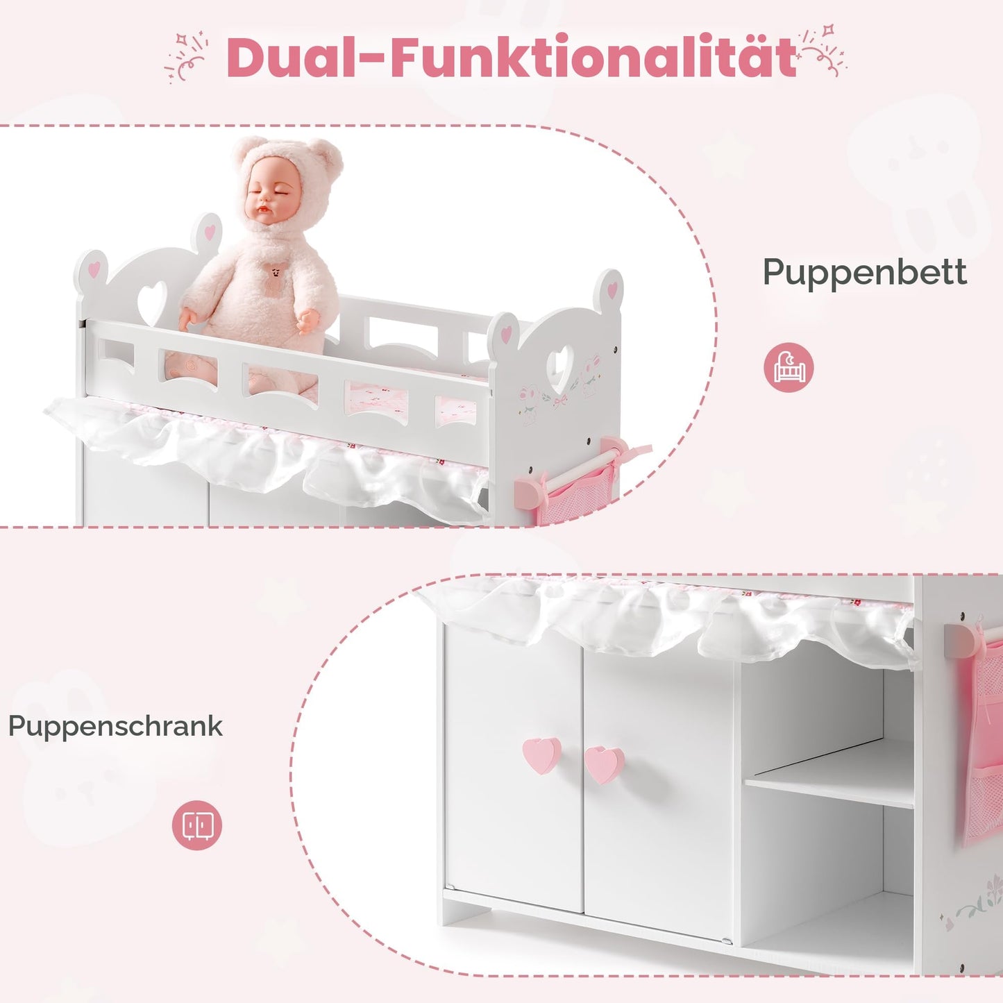 Puppenbett mit Kleiderschrank aus Holz – Spielmoebel fuer Puppen bis 55 cm